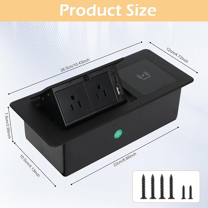 Table Pop Up Outlet Automatic Pop Up Strip Center Countertop Recessed Power Strip with 15W Wireless Charger + USB A + USB C + 2AC 5.9Ft Cord for Conference Desk Office Kitchen (Black-Wireless)