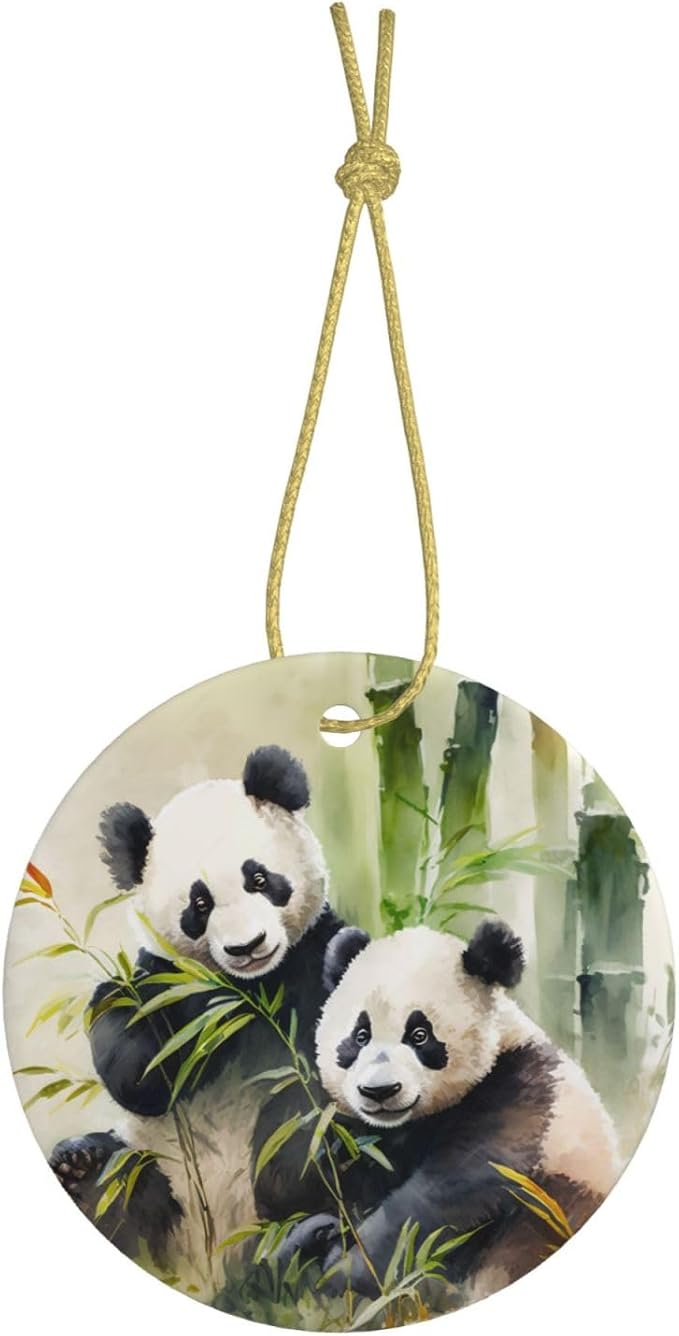 Watercolor Panda Bamboo Christmas Ornaments, Christmas Decorations Xmas Tree Hanging Ornaments, Round Ceramic Festive Keepsake Gift for Christmas Decorations Holiday Home Party Decors