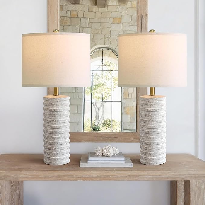 PoKat 27" Stone-Like Farmhouse Ceramic Table Lamps Set of 2 for Bedroom, Rustic Nightstands Lamps for Night Stands, Distressed Neutral Bedside Lamps with Natural Textured for Living Room, Home Decor