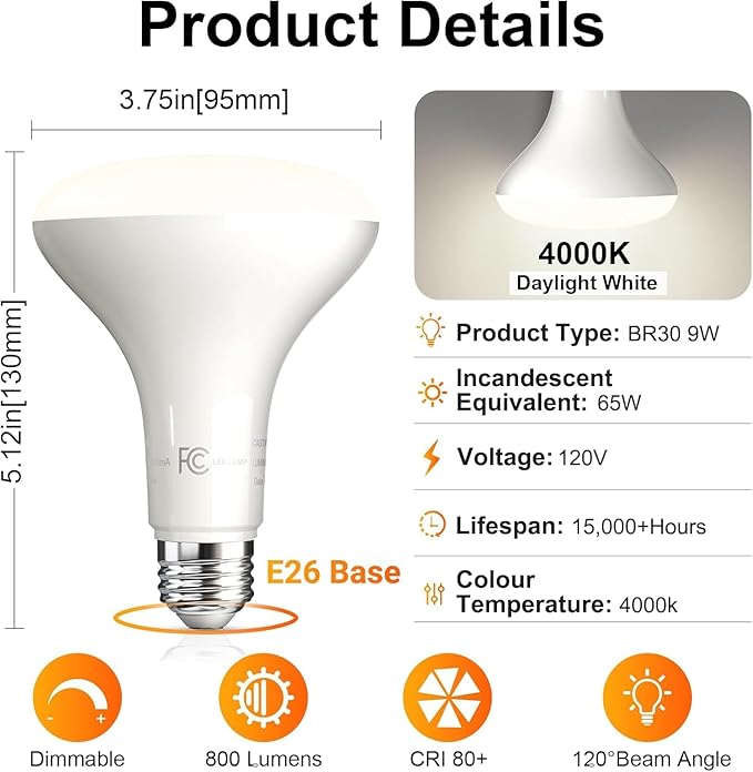 TJOY 12 Pack BR30 Led Bulb 65W Equivalent, Dimmable Flood Light Bulbs Indoor, E26 Base, 4000K Natural White, 9W, 800 LM, Recessed Lighting Bulbs for Ceiling, Recessed Can, Living Room and Kitchen