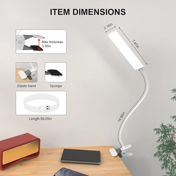 RAOYI LED Desk Lamp, 5W USB Clip on Light Eye-Caring Reading Clamp Table Lamp with 48 LEDs Flexible Neck, 3 Color Modes and 14 Brightness Levels for Office Bedroom Study (White)