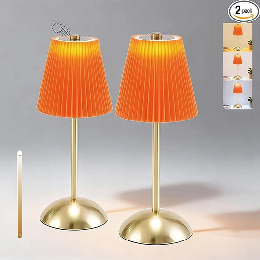Set of 2 Cordless Table Lamps Rechargeable, 3CCT & Stepless Dimming, LED Wireless Table Lamp, Small Touch Lamp for Tabletop Bedside Patio Indoor Outdoor, 4.5" W x 11.5" H (Tangerine Orange)