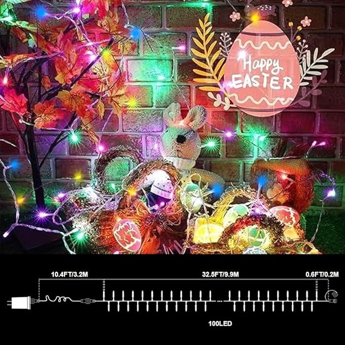 LAMPHOME Pastel Easter Lights String, Multicolor Christmas Mini Light, 32.5FT 100 LED with 16 Light Modes, Fairy Lights Plug in for Outdoor Xmas Trees Garland Wreath Holiday Decorations