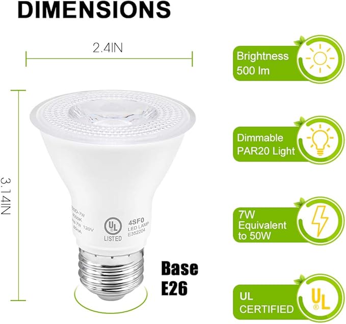 7W Par20 LED Bulb (50W Equivalent), UL Listed, 5000k Daylight White Dimmable Flood Bulbs Lights, 500 Lumens, E26 Base, Recessed Lighting for Indoor Outdoor, 6 Pack