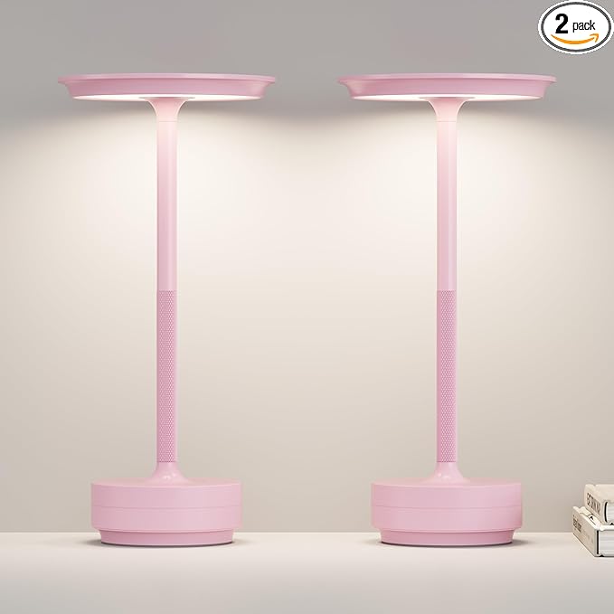 Cordless Table Lamp Set of 2, Type-C Rechargeable 5000mAh Battery Powered LED Table Lamps with Memory Function,3 Color Stepless Dimming for Outdoor Patio, Restaurant, Cafe(2P Pink)