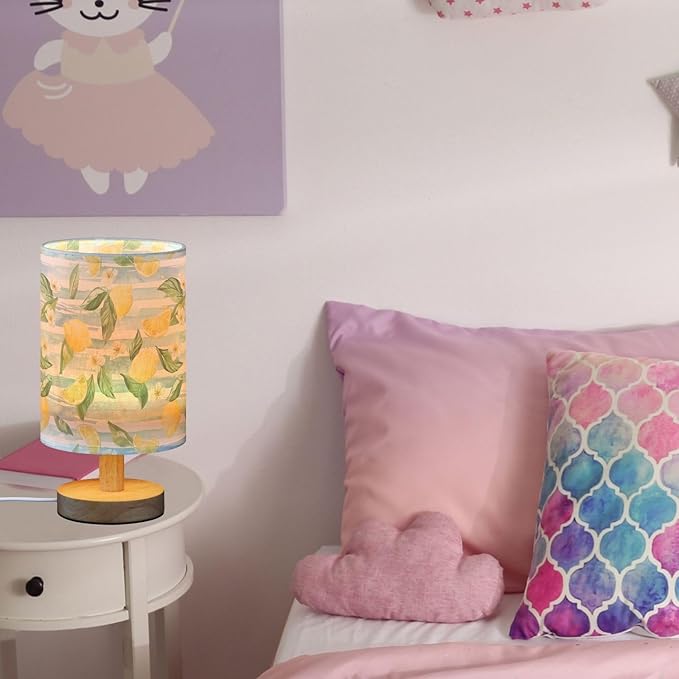 Blue White Striped Lemon Floral Table Lamp for Bedroom USB Port Lamps Small Accent Table Lamp Nightstand Lamp Study Linen Shade with Wooden Base, Decorative Lamps for Bedside Reading|Kids|Dorm|Home