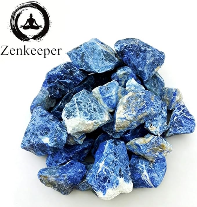 Zenkeeper 1Lb Large Rough Sodalite Crystal Stone Raw Blue-Veins Gemstones Fountain Rocks for Reiki, Decoration, Polishing, Wire Wrapping, Wicca & Healing Crystal Stone