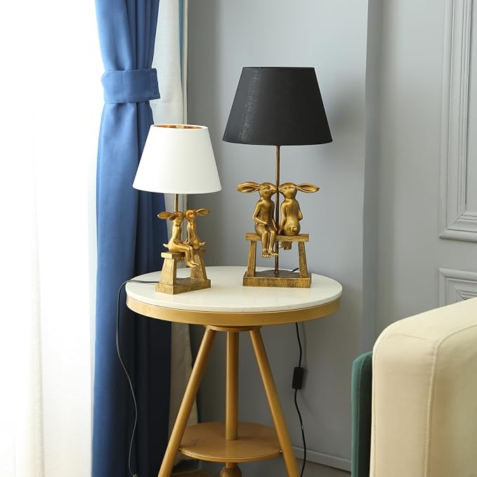 Kissing Bunny Lamp, H16in Gold Resin Rabbit Table Lamp, Valentine's Day Heartfelt Token, Energy Saving Night Light for Bedroom & Nightstand (Small White Shade)