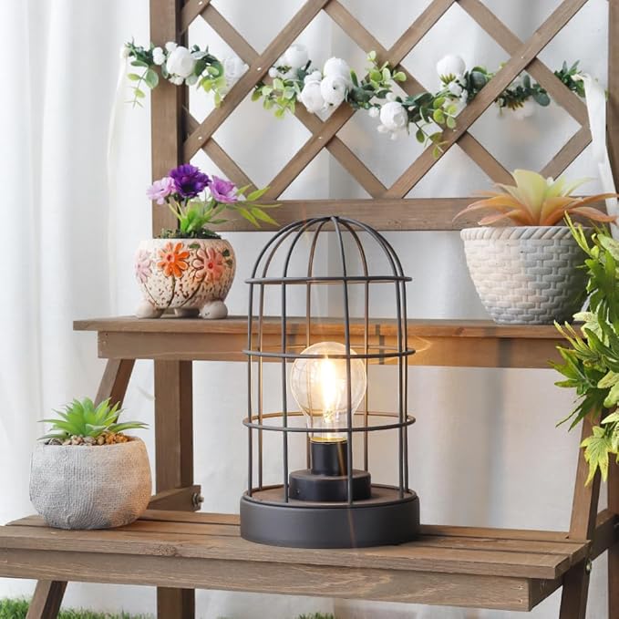 JHY DESIGN Vintage Battery Operated Lamp 10''H Decorative Table Lamp Metal Cage Cordless Lamps with LED Bulb for Home Decor Living Room Bedroom Kitchen Wedding Patio Indoor