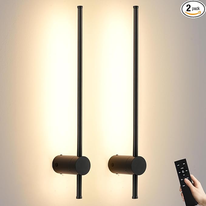 LED Wireless Wall Sconce with Remote Control, Dimmable/350° Rotate/Timing/USB Rechargeable Battery Powered Indoor Wall Lamps, 23.6 inch Black Wall Lights Set of Two for Hallway, Living Room, Bedroom