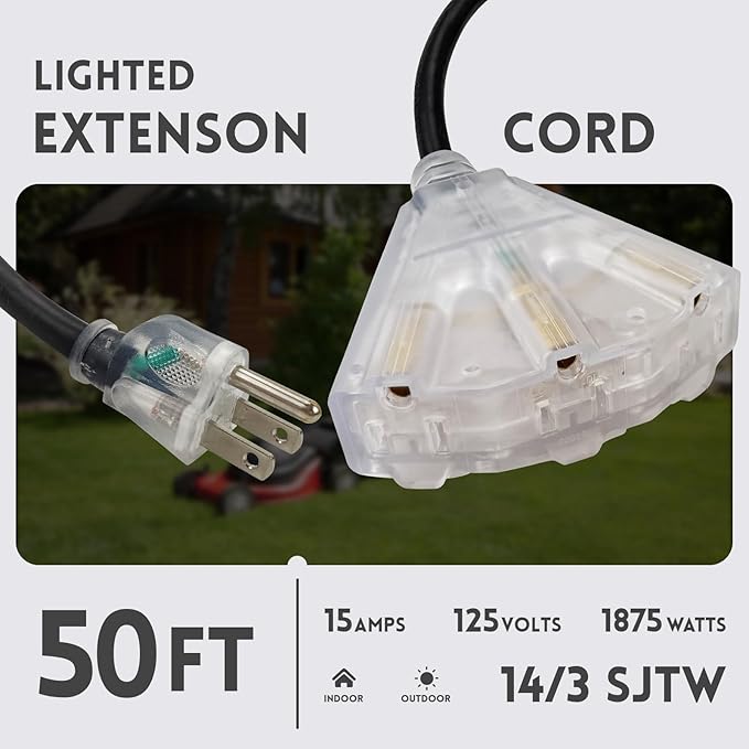 EP 50 Ft Lighted Outdoor Extension Cord with 3 Electrical Power Outlets - 14/3 SJTW Heavy Duty Black Extension Cable with 3 Prong Grounded Plug - Power Cord for Lawn, Garden, Appliances