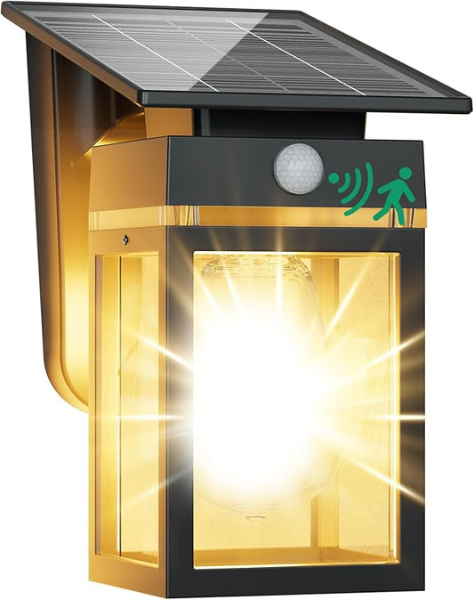 Solar Porch Lights Outdoor, Dusk to Dawn & Motion Sensor Wall Light with Lantern Shape, 3 Modes IP65 Waterproof, E26 Bulb Exterior Sconce for Front Porch, Garage, Patio Security