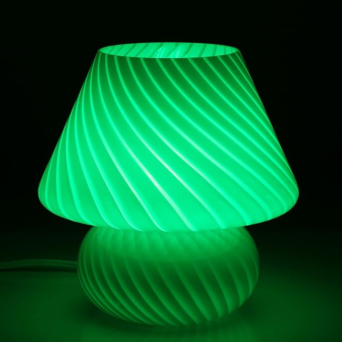 Swirl Mushroom Lamp, Translucent Glass Table Bedside Lamps Italian Style Modern Striped Desk Light for Baby Home Decoration Of Dining, Living,Study,Kids (Striped Green, Maxi Dia8.7*H9.9 Inches)