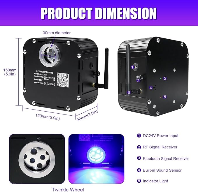 AZIMOM High Brightness 50W Twinkle Fiber Optic Light Source RGBW Light Box Engine Diver Bluetooth/RF Remote Control Music Sensor Mode for Car Home Star Ceiling Light Effect Decoration