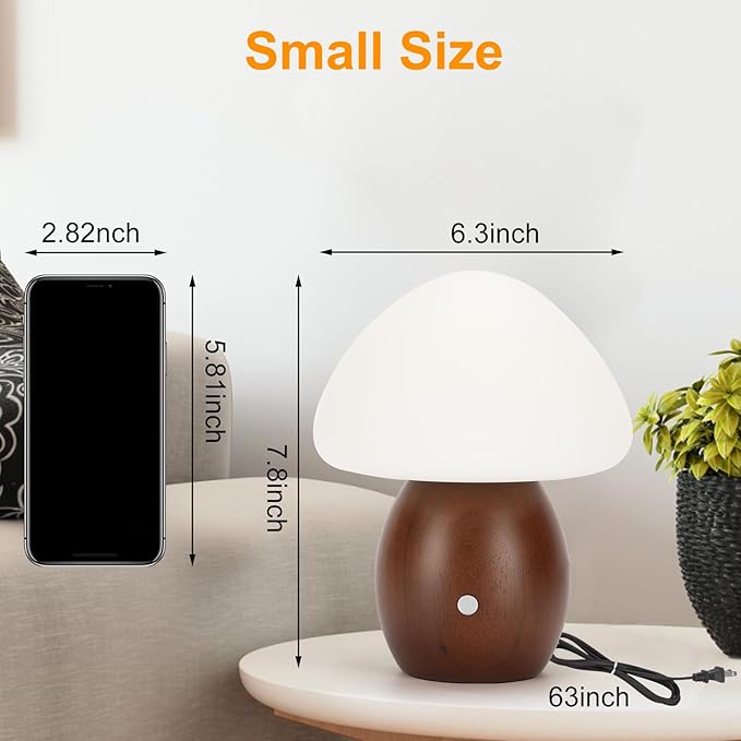 Mushroom Lamp with Touch Control Switch, Small Wooden Table Lamp with Glass Shade, 3 Way Dimmable Nightstand Lamp for Bedroom, G9 LED Bulb Included (Walnut Color&Opal White Glass Shade)