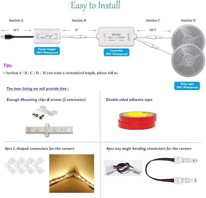 160FT (2X 80FT/Roll) 60LEDs/M 24V 5050 IP67 Waterproof RGB LED Flexible Strip Light w/Bluetooth Remote & Controller(Waterproof) and Power Supply(Waterproof)