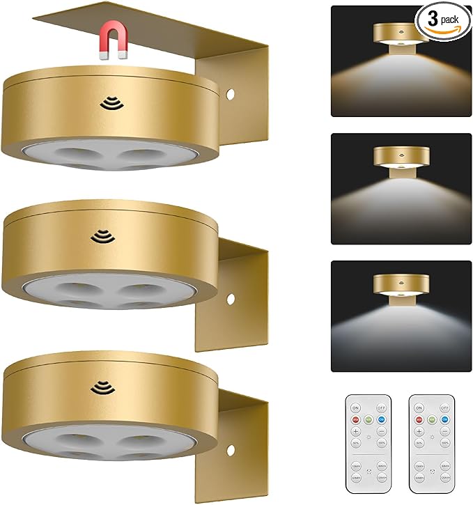 3Pack Wireless Picture Light,Battery Operated Painting Light with Remote,Magnetic Timer Display Art Lamp for Wall,Dimmable Picture Frame Light for Frame Artwork,Wall Decor Puck Lights-Gold