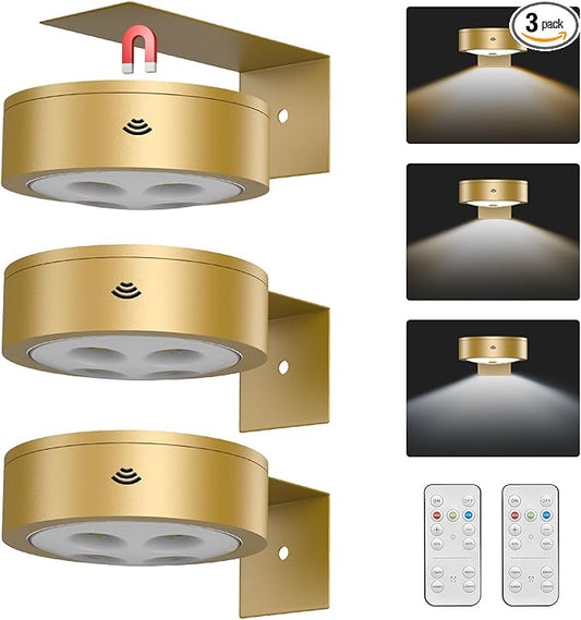 3Pack Wireless Picture Light,Battery Operated Painting Light with Remote,Magnetic Timer Display Art Lamp for Wall,Dimmable Picture Frame Light for Frame Artwork,Wall Decor Puck Lights-Gold