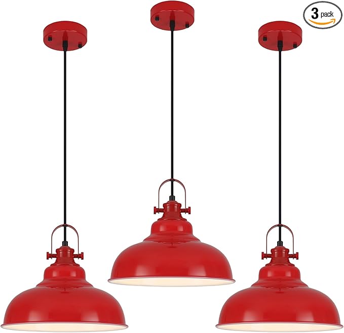 Red Dome Pendant Light, Red Pendant Light Kitchen Island 3 Pack, 11.41 Inch Farmhouse Pendant Lights, Hanging Light Fixture for Kitchen Island, Dining Room, Living Room