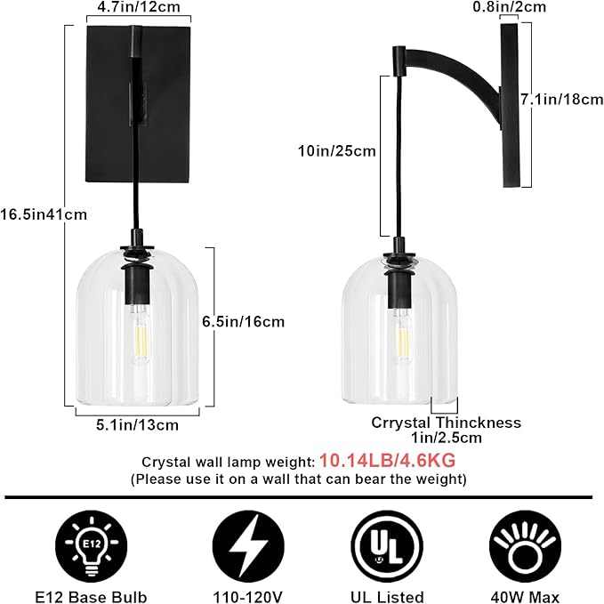 Modern Crystal Wall Sconce, Black Hemisphere Wall Sconce, Black Wall Lamps Indoor for Bedroom Bathroom Vanity Light Fixtures Includes Bulbs
