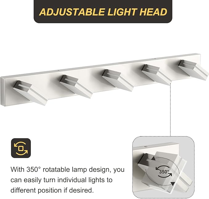 OKELI 5 Lights Bathroom Vanity Light Fixtures Brushed Nickel LED Dimmable Vanity Light Over Mirror Modern Wall Mounted Lighting Fixture, 350° Rotatable Lamp Head 36W Cold White 6000K ETL Listed