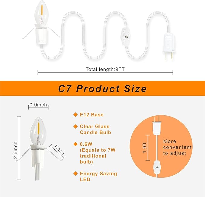 4 Accessory Cord with 4 Led Light Bulb 6 Ft White Cord with On/Off Switch Plugs E12 Candelabra LED Light Bulbs and Clips for Halloween Christmas Decorations Craft Village House Decoration