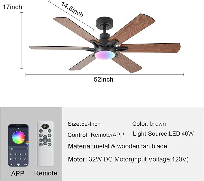 52in Ceiling Fans with Lights RGB Ceiling Fan with Light and Remote/APP Control,Low Profile Ceiling Fans with Lights for Bedroom,Living Room,Kids Room,3CCT Dimmable Modern Ceiling Fan, 6 Speeds,Brown