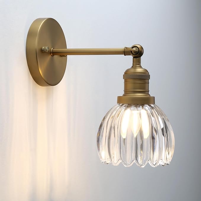 Pathson Adjustable Wall Sconce Lamp with Tulip Thick Glass, Hardwired Bathroom Sconce Brass Gold Wall Vanity Light Fixture for Living Room Farmhouse Bedside Lighting