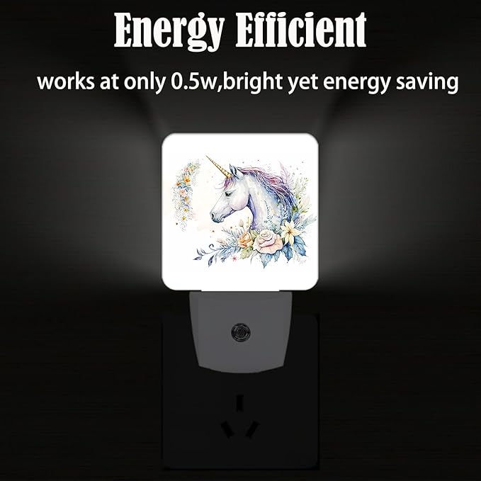 Watercolor Magic Unicorn and Flowers Night Light,Plug-in Night Lights with Dusk to Dawn Sensor for Stairway,Hallway,Bedroom Sleep Friendly Ideal for Women/Girls/Boys Gift,0.5w
