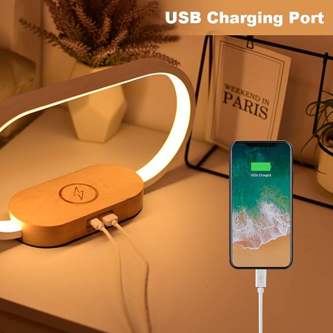 Donewin Bedside Lamp with USB Port,Bedroom Lamp with Wireless Charger,Nightstand Lamp with Clock,Table Lamps for Nightstand,Touch Lamps for Bedroom,Wood Decor,Stepless Dimming&3 Color Modes