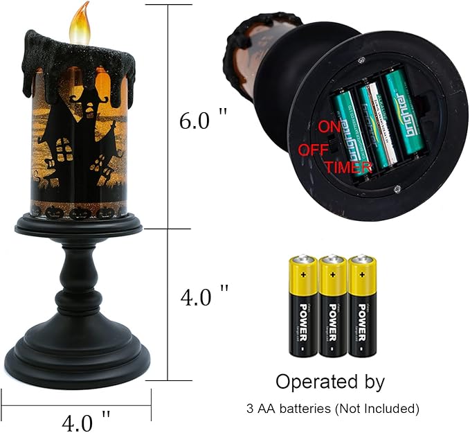 DRomance Halloween Flameless Candle Snow Globe Battery Operated with 6 Hour Timer, Yellow Light Bat Decal Water Tornado Lamp LED Candlestick Halloween Season Decor Gift 4 x 10 Inches