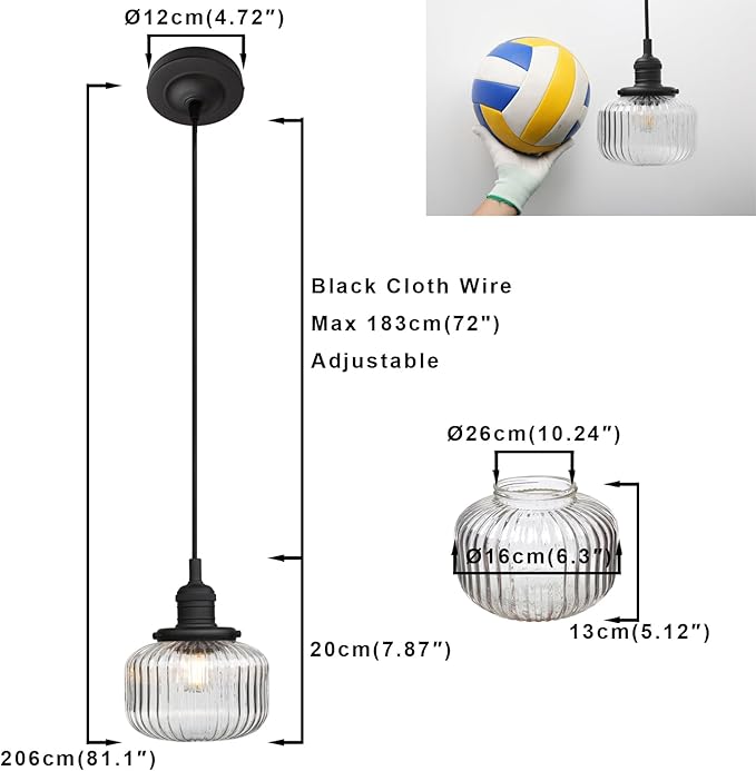 Yosoan Indoor Vintage Edison Hanging Pendant Light, 1-Light Hardwired Modern Vanity Light Industrial Semi Flush Mount Lamp Striped Ribbed Glass Shade for Kitchen Table Bar Island(Black)