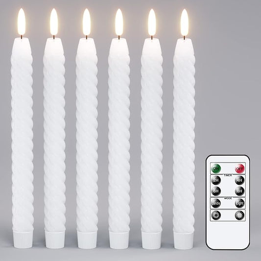 Flameless Taper Candles White Flickering with Remote Timer, Battery Operated Candlesticks 3D Wick LED Spiral Candles 6 Pack 9.8" Real Wax Wedding Home Birthday Christmas Decor