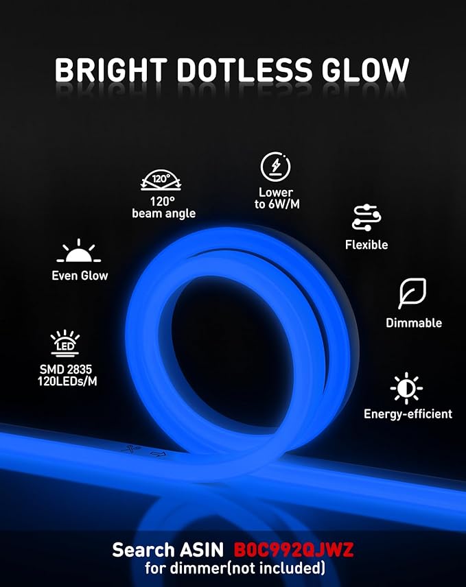 Shine Decor LED Rope Lights AC 120V, Connectable & Cuttable Dotless 120LEDs/M Eco Neon Strip Lighting, ETL IP65 Waterproof & Weather-Resistant for Home Commercial, 8x16mm, Blue, 16.4FT
