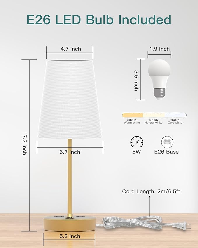 Addtam Bedside Table Lamp for Bedroom, 3-Way Dimmable Lamp with AC Outlet and USB C Charging Ports(PD 20W), Lamps with Shade for Night Stands, Living Room, Desk, and Home Office