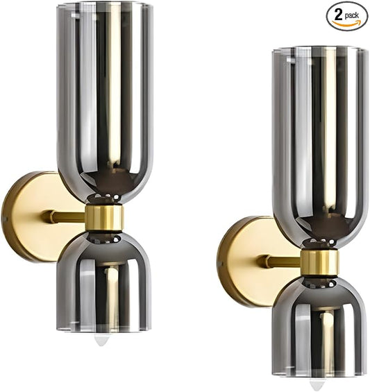 Mid Century Modern Wall Sconce, Gold Wall Light Set of Two 2-Light Modern Wall Lamp Smoke Grey Shade Wall Light for Restaurant Living Room Bedside Stairs Bathroom Mirror (Gold+Smoke Grey)