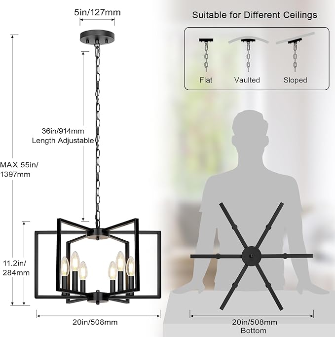 Black Farmhouse Chandelier, 6 Light Geometric Dining Room Light Fixture, Modern Industrial Metal Ceiling Light Rustic Hanging Pendant Lights with E12 base for Kitchen Island Entryway Foyer, Indoor