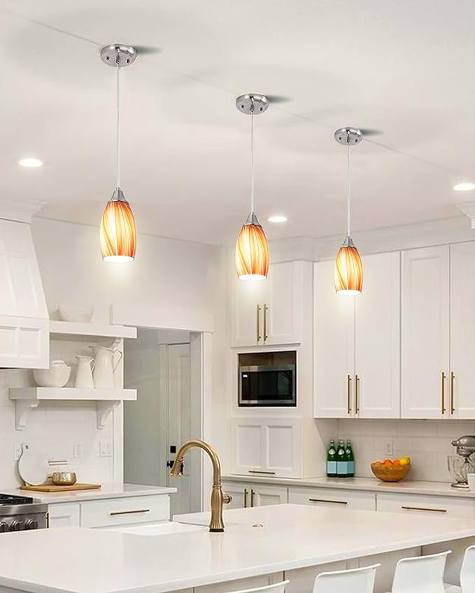 Art Glass Mini Pendant Lights for Kithen Island Blown Glass Pendant Lighting Shade with Brushed Nickel Finish 3Pack Hanging Pendant Light Kitchen Counter,Dining/Living Room Red Orange