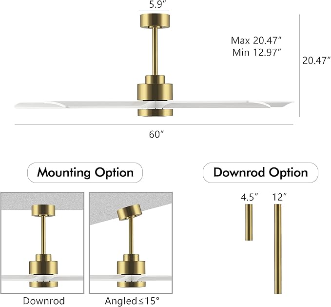ELEHINSER 60" Modern Ceiling Fan with Lights and Remote Control, 5 Solid Wood Blades 6-Speed Noiseless Reversible DC Motor, Ceiling Fan for Bedroom Dinning Living Room, Gold Finish with White Blade