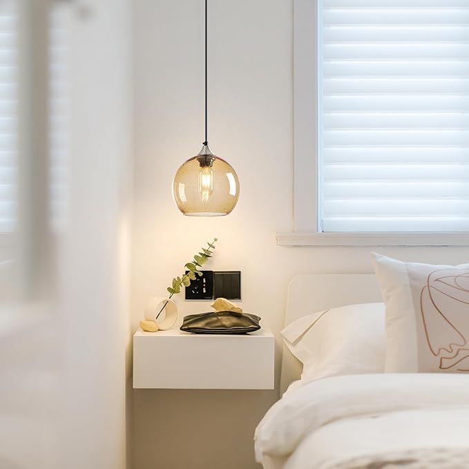 Light Brown Glass Pendant Lights Kitchen Island Lighting Globe Pendant Light Fixtures Modern Pendant Lighting for Bedroom Living Dining Room Light Fixture (7.87 in, 2 Pack)