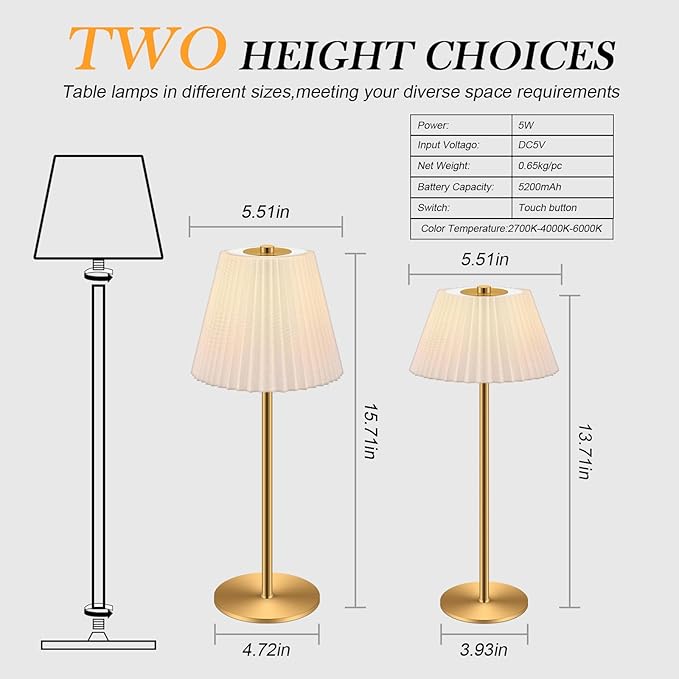 Mini Table Lamp Cordless, 5200mAh LED Mini Lamps Gold Fabric Pleated Shade small Battery Operated Lamp with 3 Colors Stepless Dimming Touch Lamps for /Bedroom/Bars/Outdoor Party/Camping,1 Pack