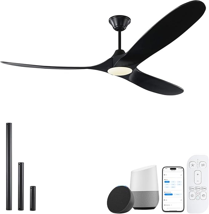 70 Inch Outdoor Large Ceiling Fan with Light, Wood Smart Ceiling Fan with Remote App Alexa Wifi Control, Modern Farmhouse Black High Cfm Propeller Dc Ceiling Fans for Indoor/Exterior Patios
