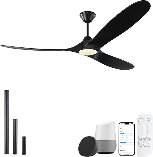 70 Inch Outdoor Large Ceiling Fan with Light, Wood Smart Ceiling Fan with Remote App Alexa Wifi Control, Modern Farmhouse Black High Cfm Propeller Dc Ceiling Fans for Indoor/Exterior Patios
