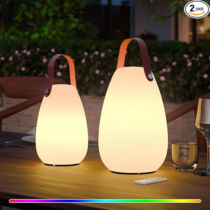 uuffoo 2 Pack Rechargeable Portable Table Lamp, Cordless RGB Lantern with Remote, Decorative LED Night Light, IP44 Waterproof Indoor Outdoor Lamp for Bedroom Patio Garden Wedding Party