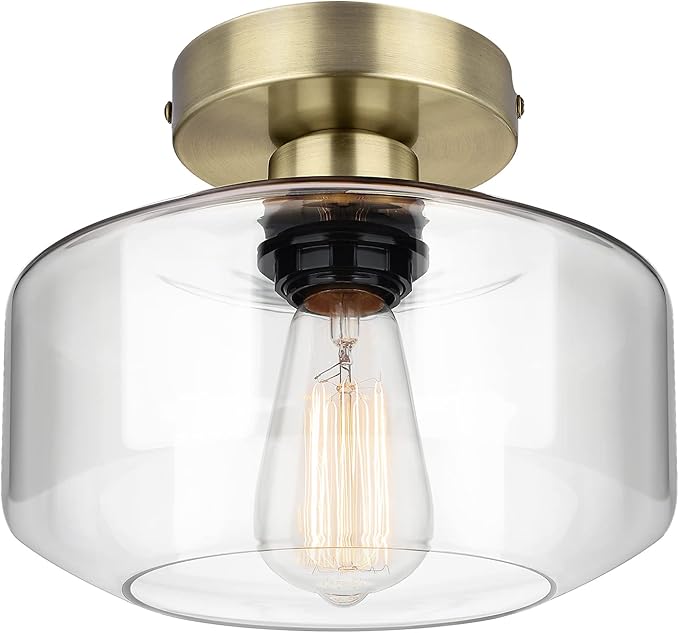 MAXvolador Industrial Semi Flush Mount Ceiling Light Brass, Clear Glass Pendant Lamp Shade, Farmhouse Lighting Hallway, Vintage Hanging Light Fixture