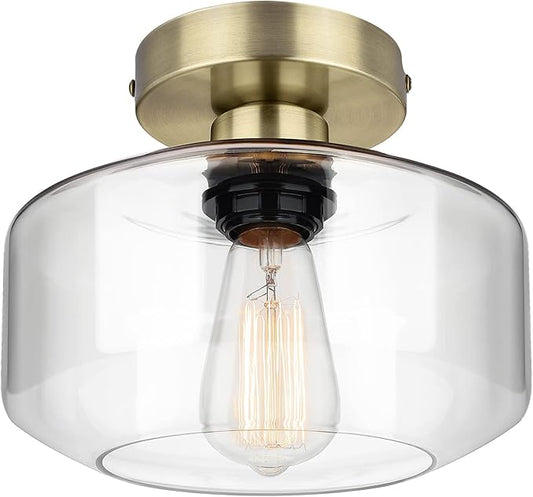 MAXvolador Industrial Semi Flush Mount Ceiling Light Brass, Clear Glass Pendant Lamp Shade, Farmhouse Lighting Hallway, Vintage Hanging Light Fixture