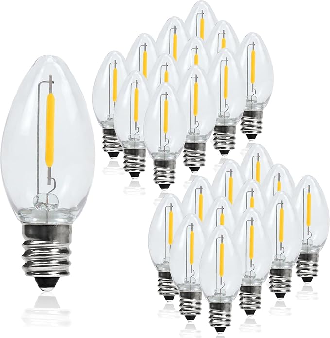 C7 LED Night Light Bulbs 0.6W Equivalent to 7W C7 Candelabra LED Filament Light Bulbs E12 Candelabra Base Lamp Clear Plastic Soft White 2700K Outdoor String Lights 25 Pack