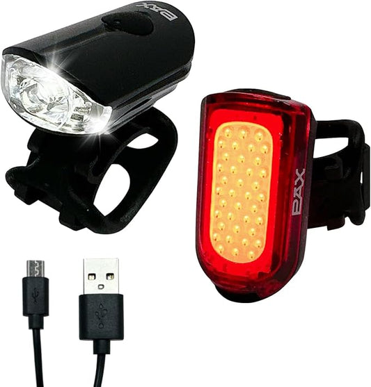 PAX Rechargeable USB Safety Bike Light Set, Bicycle Front Light and Rear, IPX4 Waterproof Standard, Multi Light Mode, Lightweight for Mountain or Road Bike