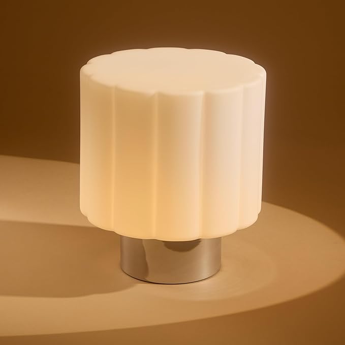 Brightech Addison LED Table Lamp – 9” Small Modern Desk Light with Fluted, Frosted White Glass Shade, Chrome Metal Base - Warm Ambient Light, Decorative Ambient Lamp for Bedroom, Living Room, Bedside