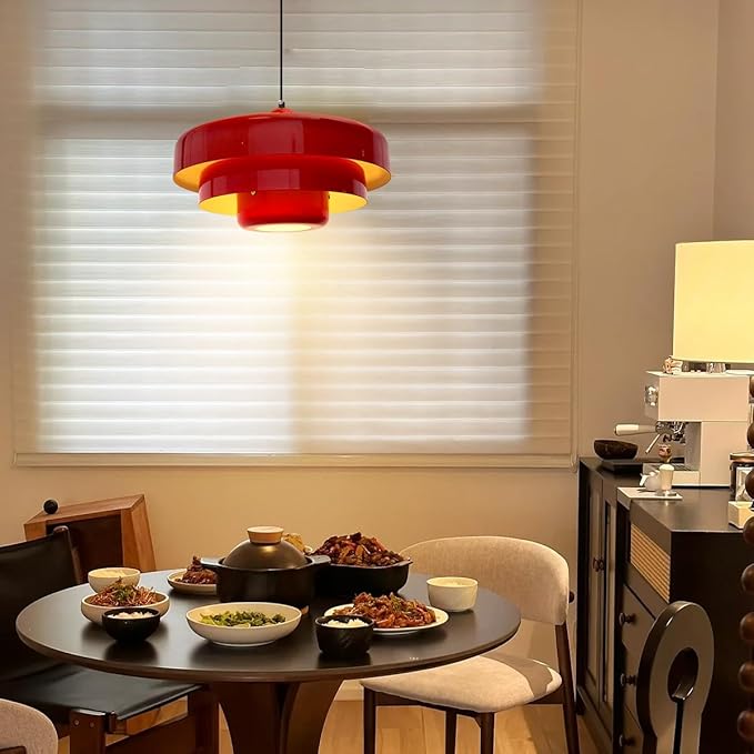 Red Pendant Light, Industrial Metal Pendant Light Fixtures, 3-Layer Shade Design, 13.8-inch Dome, Red Finish, Kitchen Light Fixtures for Dining Table